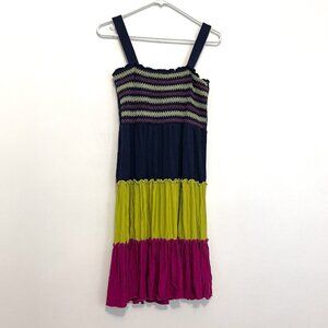SPENSE Navy Blue Lime Green Fuchsia Smocked Tiered Dress Sundress PETITE Medium